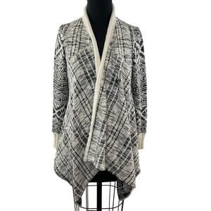 TINY Draped Front Cardigan Sweater Black White Cotton Blend Open Front Size S